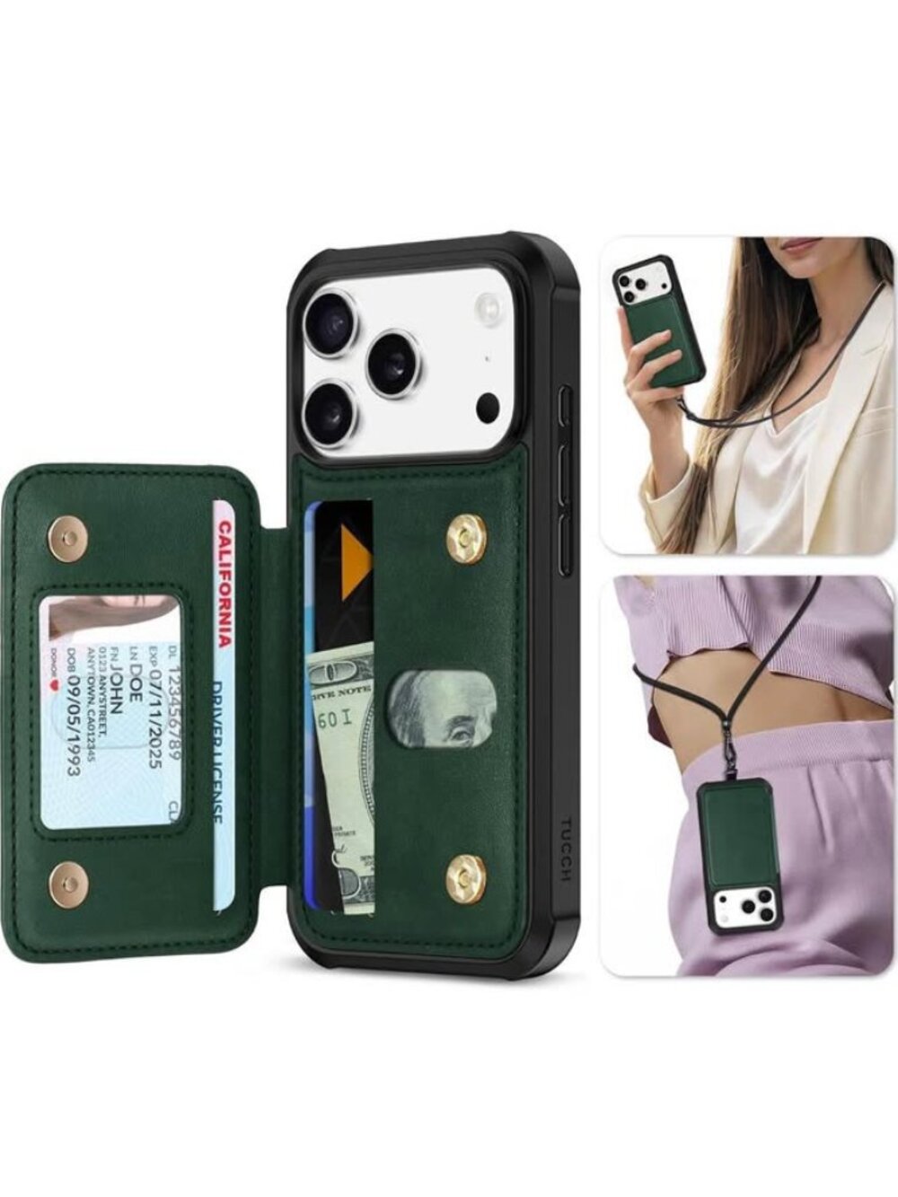 Wallet Card Case with Lanyard for iPhone 18 Pro/17 Pro, Evergreen
